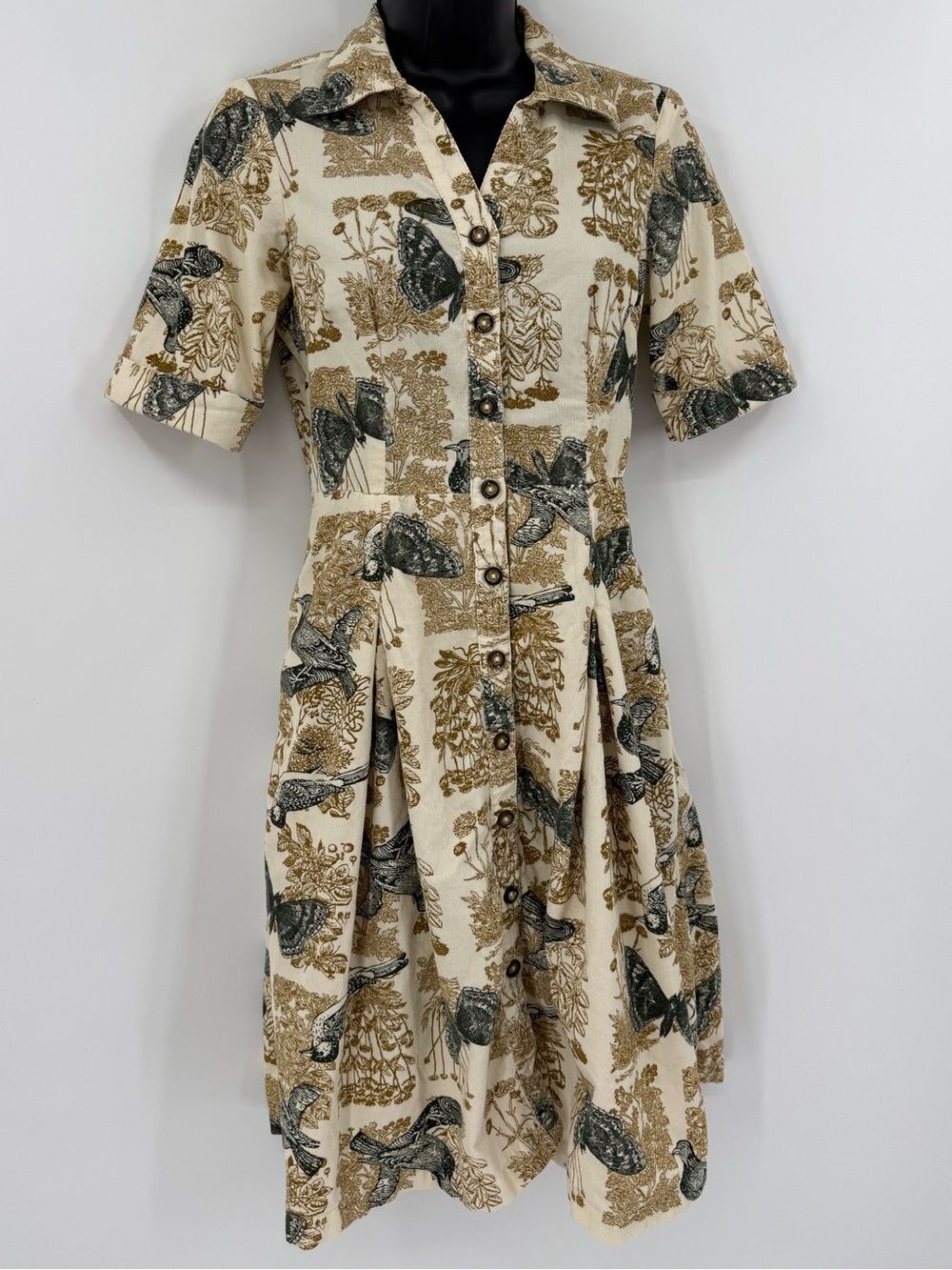 Anthropologie Girls from Savoy Alary Corduroy Shirt Dress | Cream Bird Print | 2
